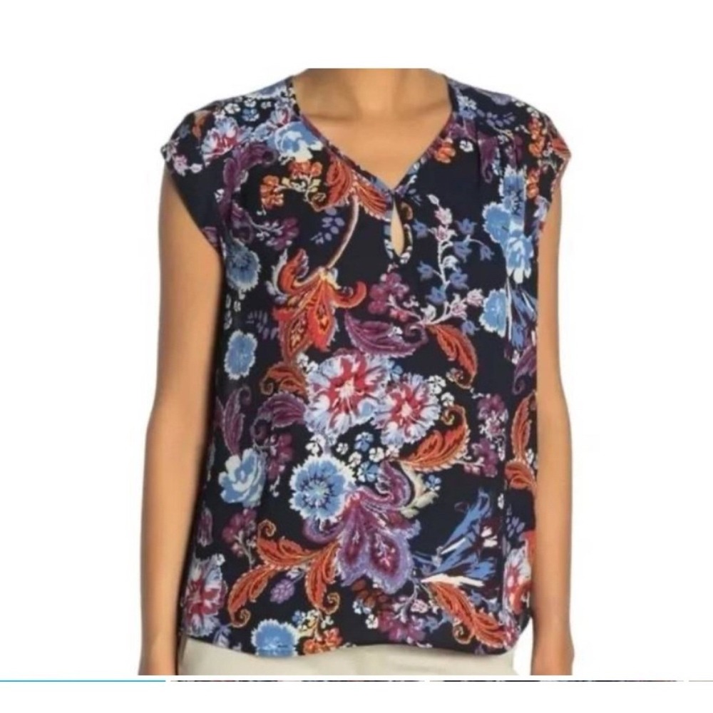 NEW DR2 Large Floral Print Blouse Keyhole Neckline Cap Sleeve Nordstrom